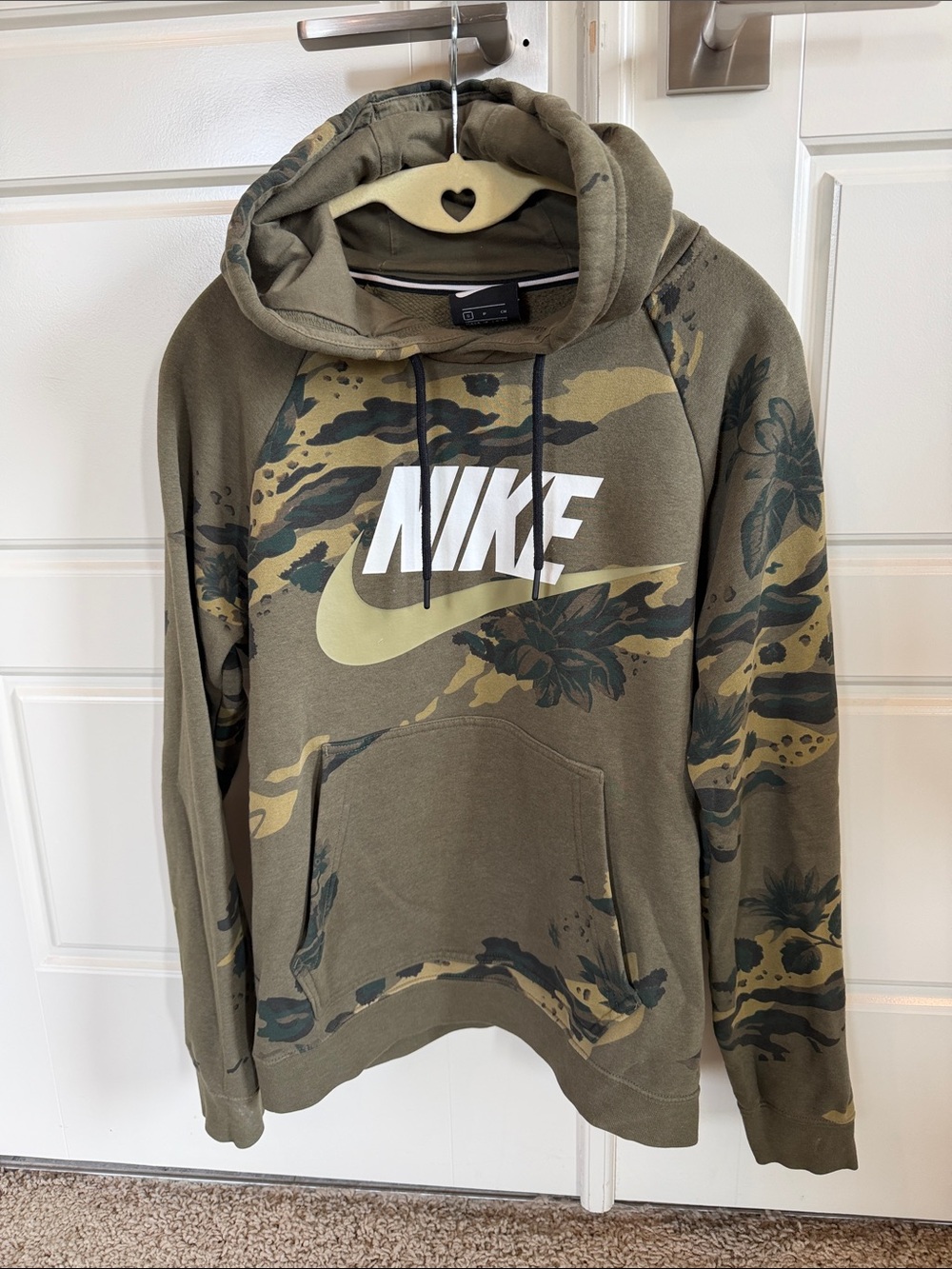 Nike Olive Green Camo Pullover Hoodie with White Logo